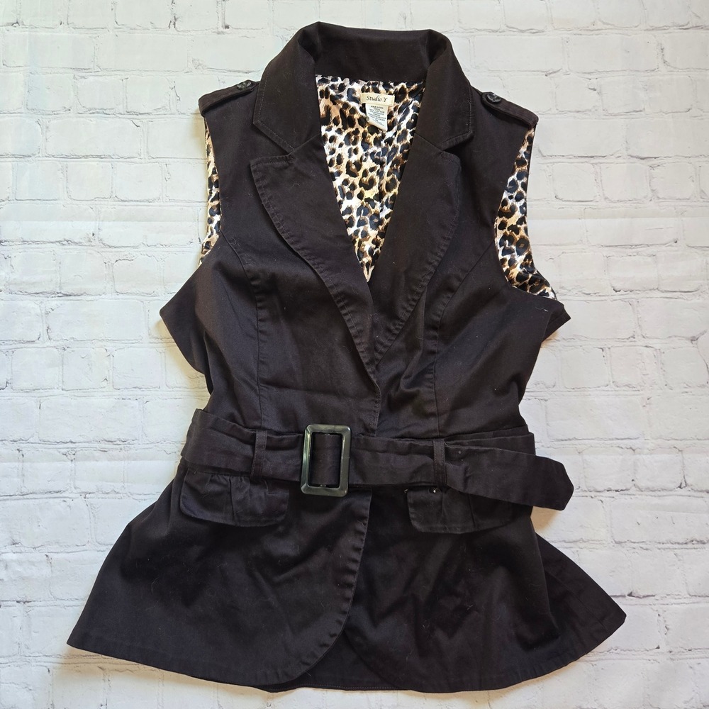 Y2K Studio Y Brown Belted Vest blouse XL leopard print lining buisness casual